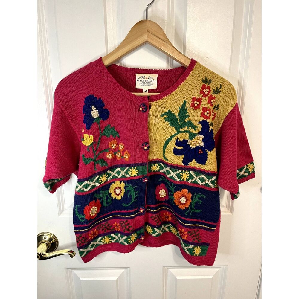Vintage Susan Bristol Hand Embroidered Floral Short Sleeve Sweater Size Medium